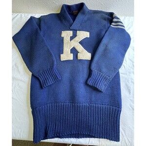 Vintage O’Shea Blue Letterman Initial K Varsity Heavy Knit Sweater Distressed
